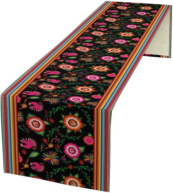 Mexican Table Runner,Colorful Flowers Cinco De Mayo Decor Table Runner for Kitchen Dining Table Home Party Decoration 13x60 Inch