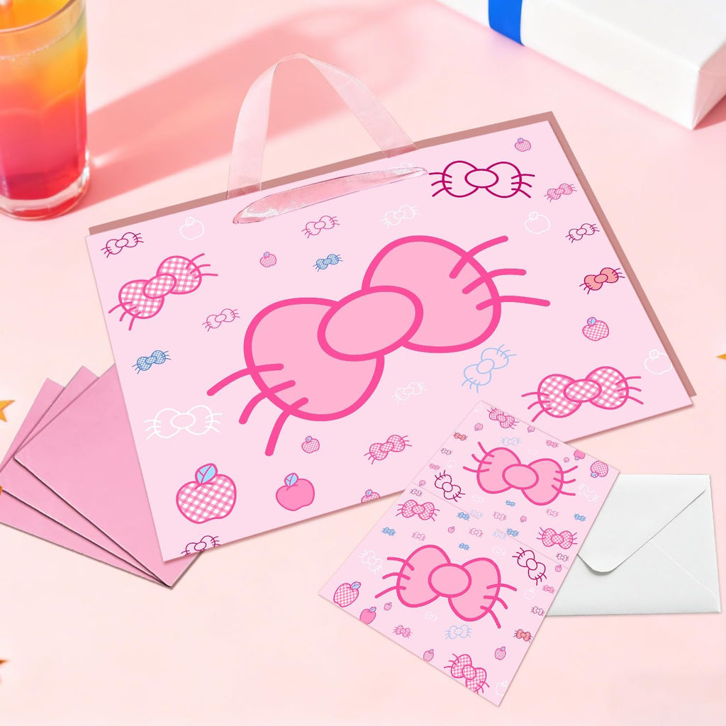 Cut-Nic 12" Pink Bow Gift Bag for Girl, Cartoon Birthday Gift Bag with Cute Greeting Card and Tissue Paper for Birthday, Wedding, Bridal Shower, Baby Shower Party Supplies