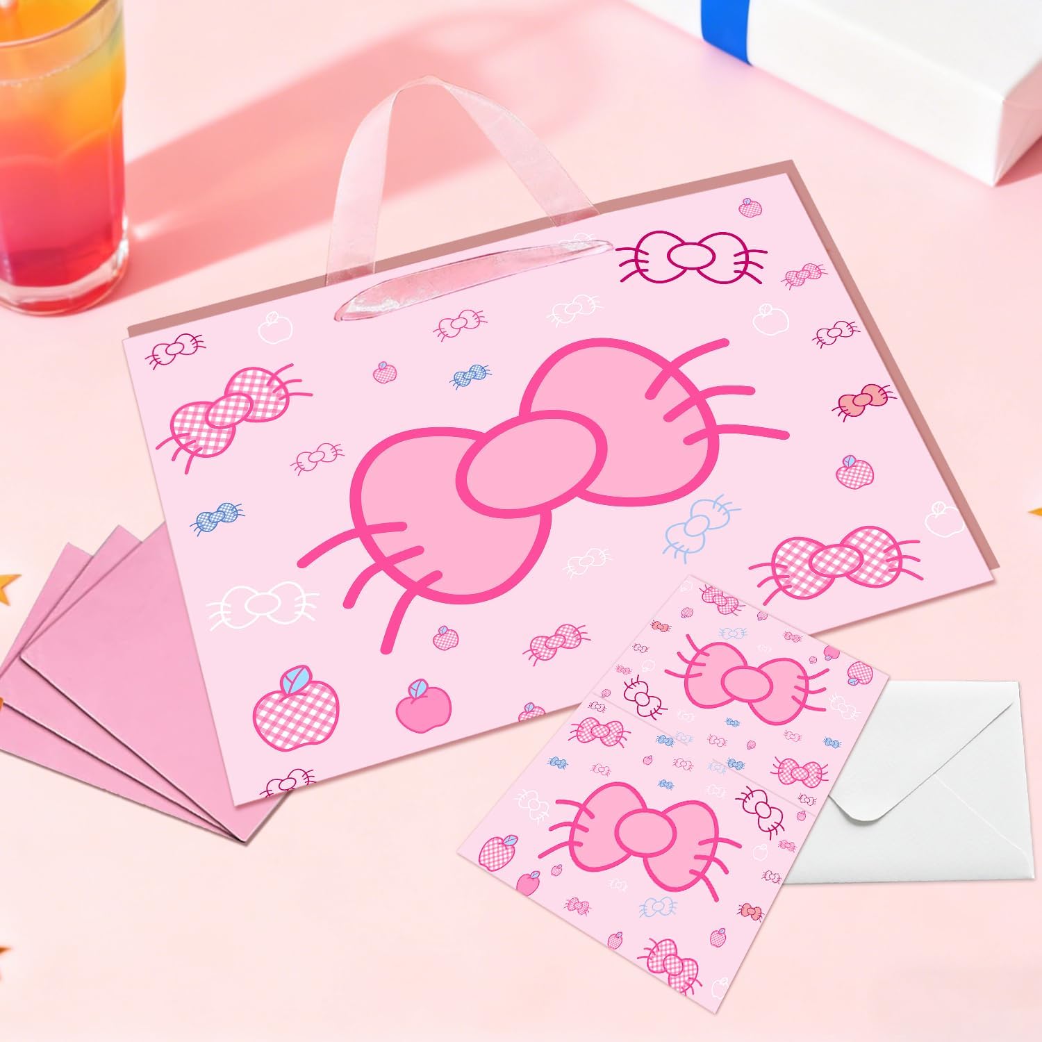 Cut-Nic 12" Pink Bow Gift Bag for Girl, Cartoon Birthday Gift Bag with Cute Greeting Card and Tissue Paper for Birthday, Wedding, Bridal Shower, Baby Shower Party Supplies