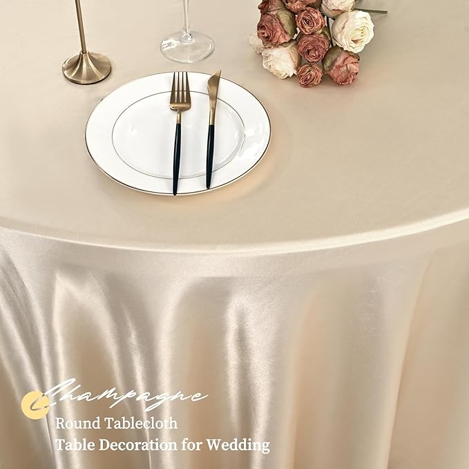 12 Pack 120 Inch Champagne Satin Tablecloth - Premium Bright Silky Round Tablecloth Overlay Smooth Fabric Table Cover, Table Decoration for Wedding Party Banquet Events Restaurant Kitchen Dining