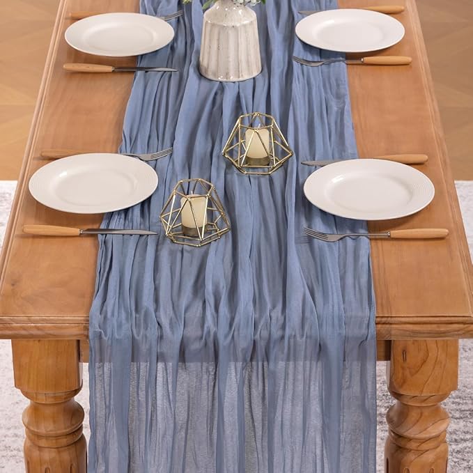 MLMW Dusty Blue Table Runner Cheesecloth Gender Reveal Boho Gauze Rustic Cheese Cloth Table Runner 160 inch Sheer 13.3ft for Wedding Party Baby Bridal Shower Birthday