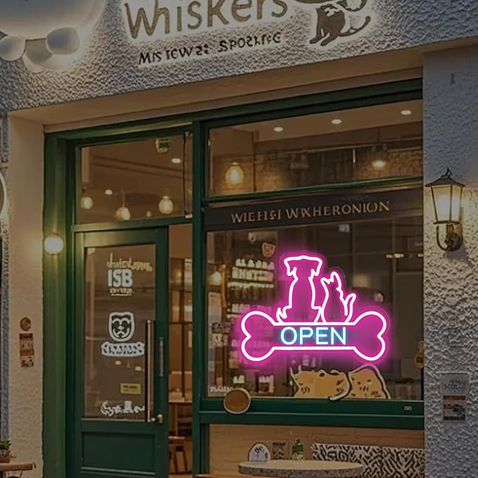 Pet Shop Open Neon Sign LED Dog And Cat Open Sign Bright Pet Grooming Salon Light Animal Shelter Storefront Decor Vet Clinic Window Sign, Pink+Ice Blue, 16.5"x12.4"