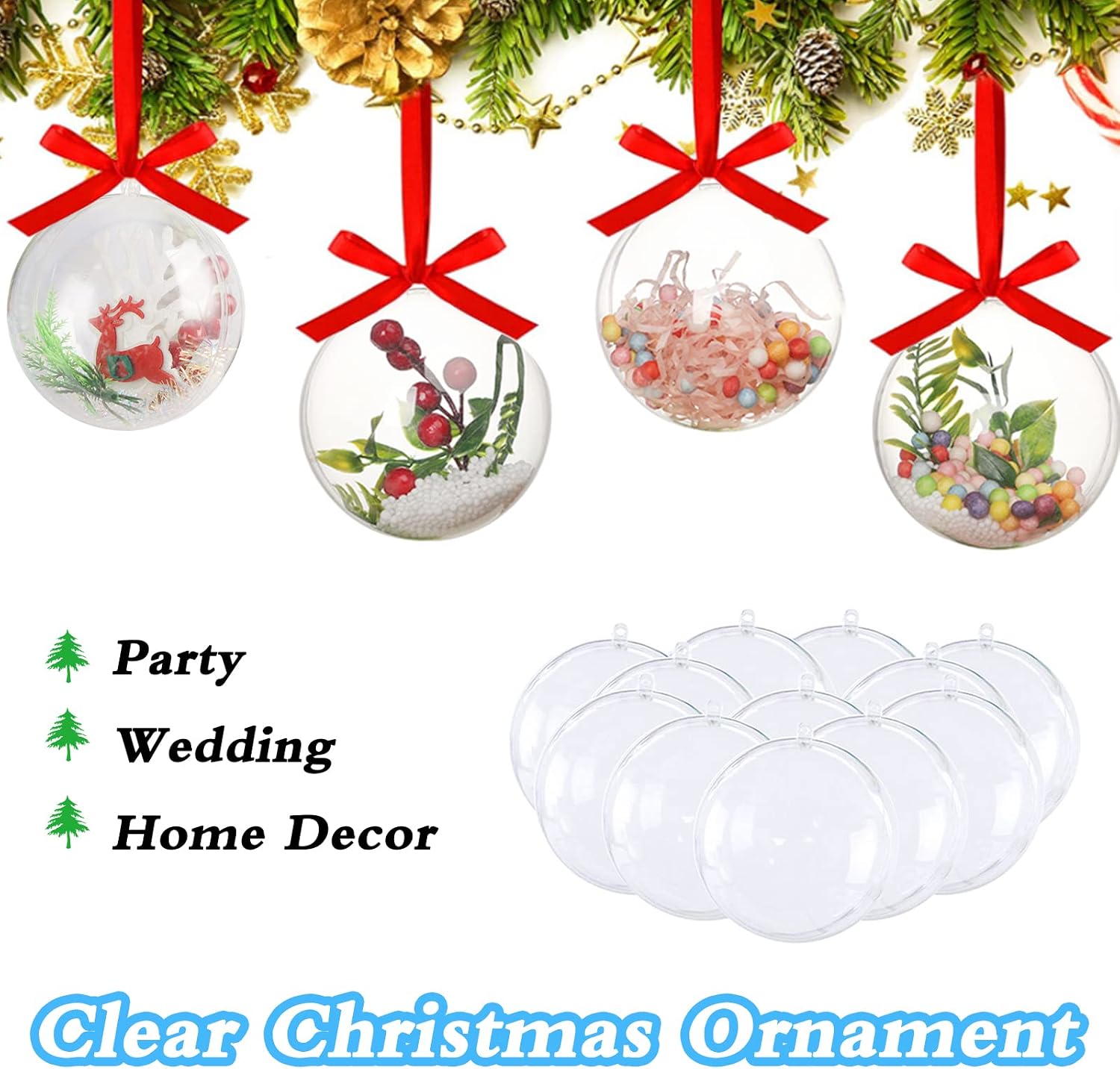 25 Set 50PCS Clear Plastic Fillable Ornaments,Transparent DIY Craft Ball,Clear DIY Christmas Ornament 5 Different Sizes for Wedding,Party,Home Decor