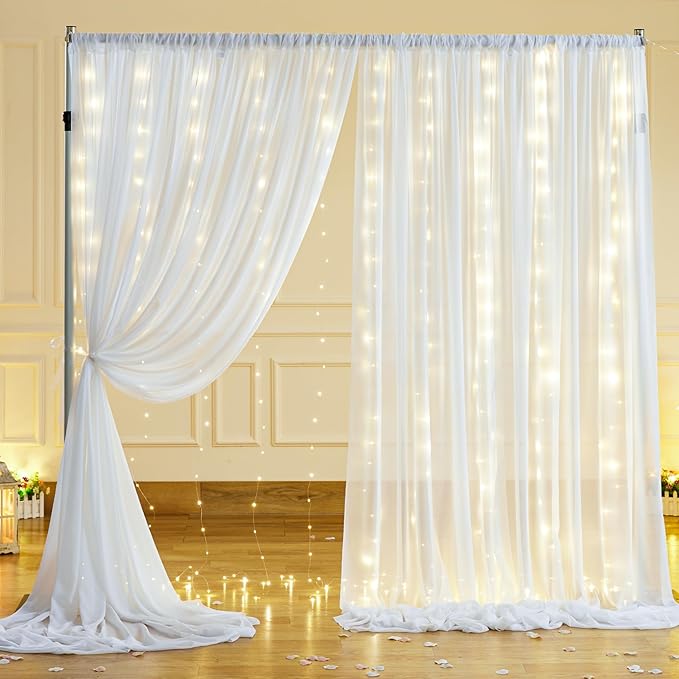 10x10ft White Sheer Backdrop Curtain with Lights String for Wedding, Fairy Light Up Curtain Backdrops for Baby Shower, Chiffon Photo Backdrop Drapes for Birthday Party Photo Shoot (5 x 10ft,2 Panels)