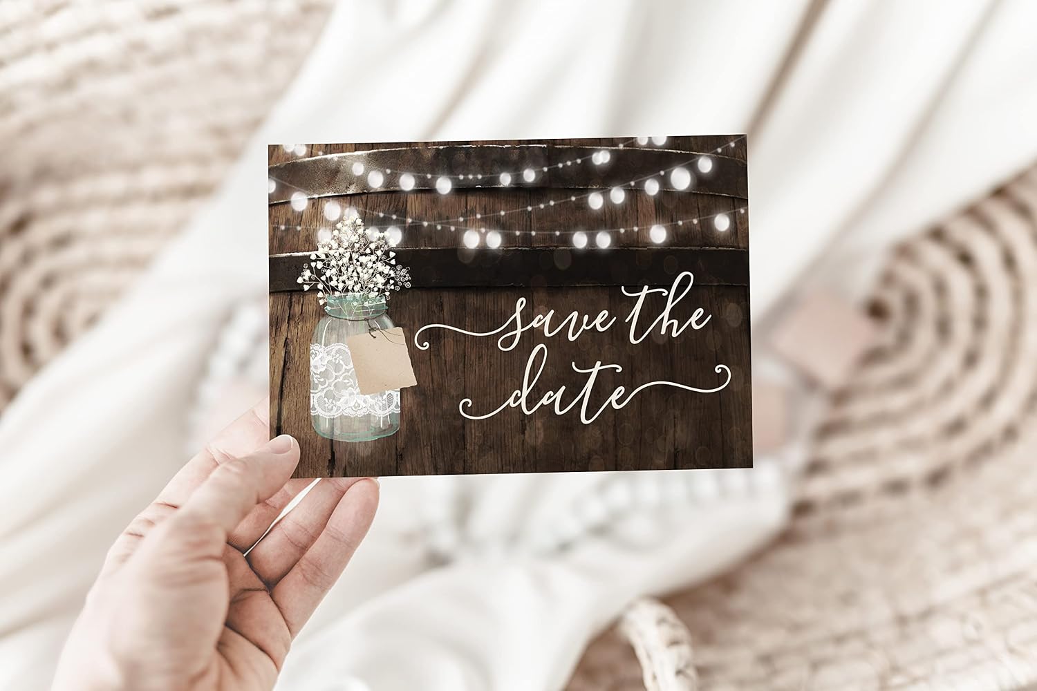 Your Main Event Prints 50 Rustic Mason Jar Save The Date Cards for Wedding, Engagement, Anniversary, Baby Shower, Birthday Party, Wood Save The Dates Postcard Invitations (Pack of 2)