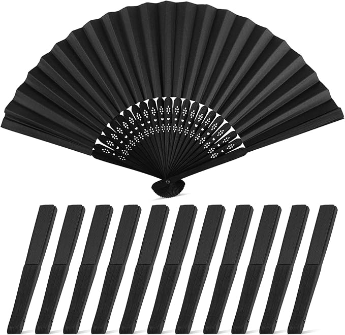 JOHOUSE 12 Packs 8.2 Inch Black Chinese Paper Foldable Hand Fan for Women - Wedding, Bridal Shower, Outdoor Party Favors, DIY Home Decor