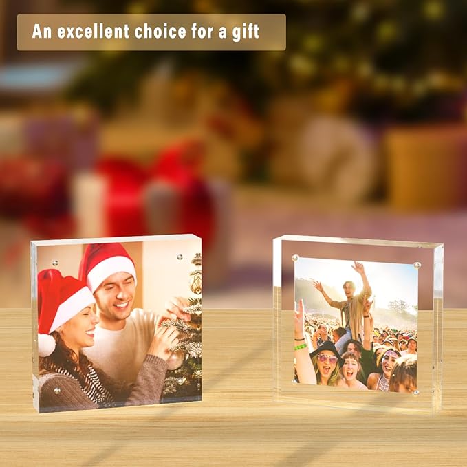 HELPLEX 2 Pack 6x6 Acrylic Picture Frames, 24mm Thicker Square Frameless Clear Frame Double Sided Magnetic Frame, Free Standing Desktop Display Stand