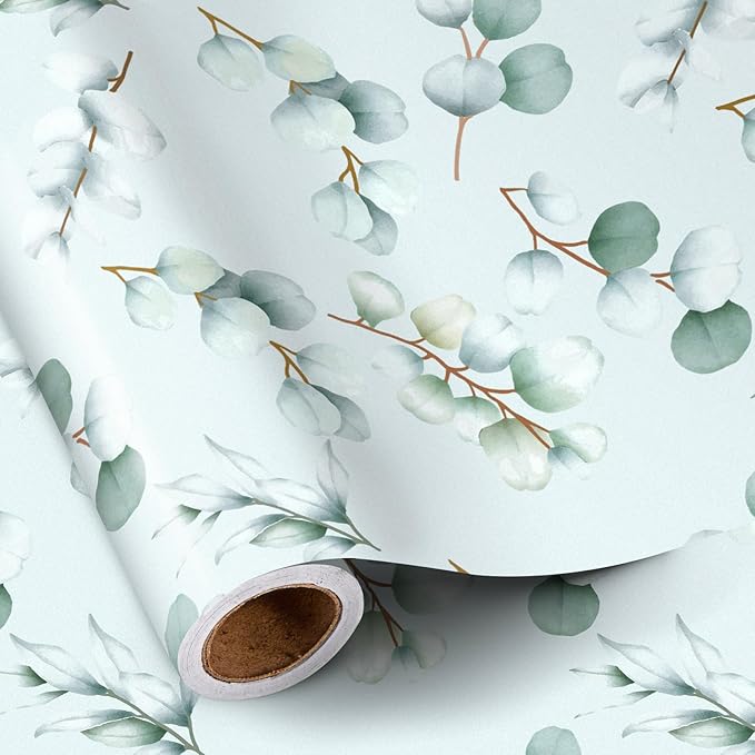 RUSPEPA Eucalyptus Leaves Wrapping Paper Roll for Women Girls, Light Green Leaf Design Gift Wrap, Greenery Wrapping Paper Perfect for Wedding, Birthday, Spring, Bridal Shower, 17 Inch x 16.4 Feet