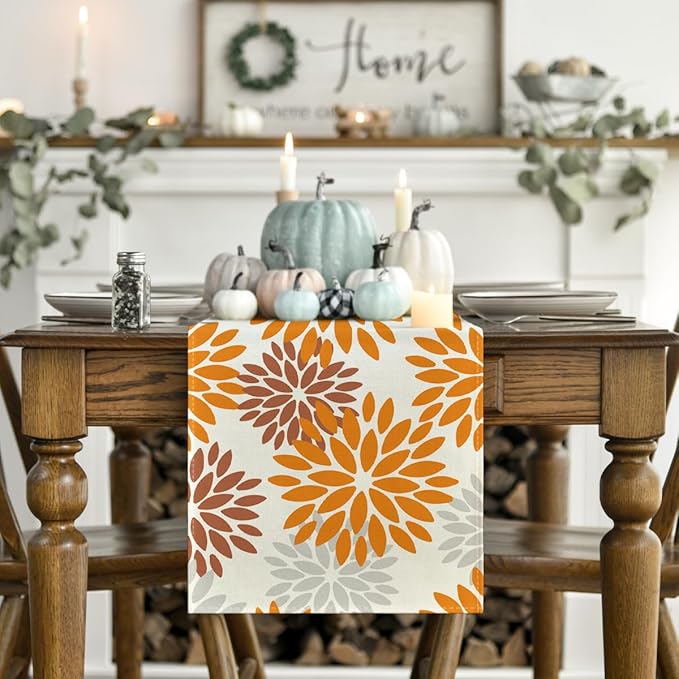 Artoid Mode Orange Dahlia Floral Pinnata Fall Table Runner, Seasonal Autumn Thanksgiving Kitchen Dining Table Decoration for Home Party Decor 13x36 Inch