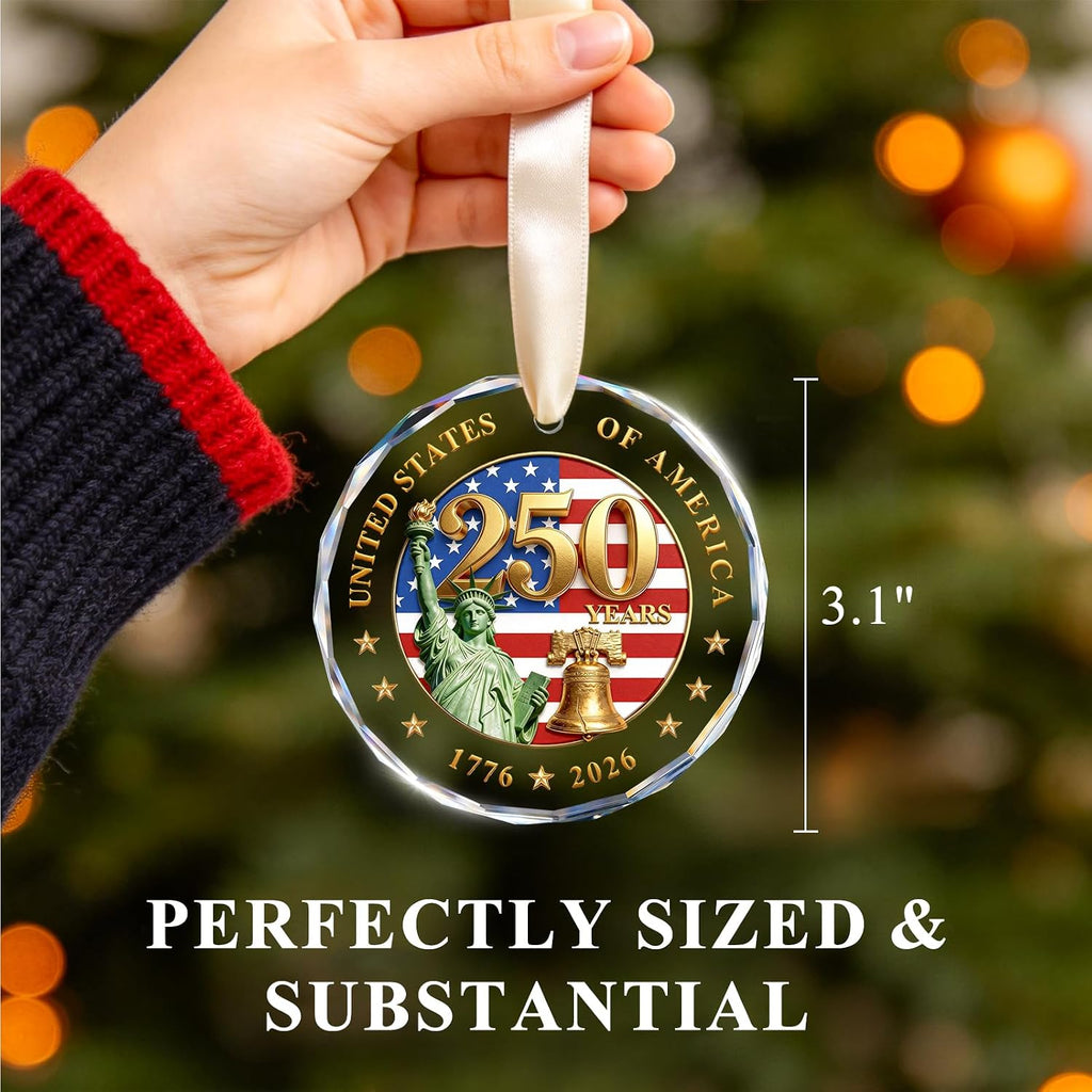 250 Anniversary USA Ornament for 4th of July Decorations - Crystal Glass Patriotic Christmas Ornaments - 1776-2026 Statue of Liberty Bell & US Flag Keepsake for Veterans Day and Holiday Gifting
