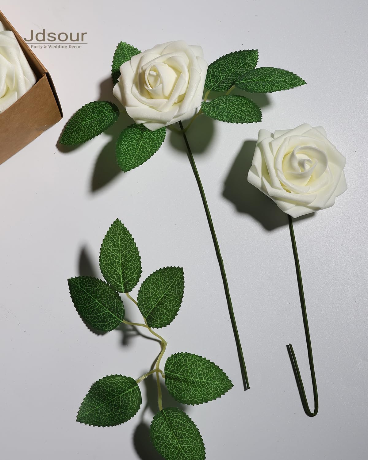 50pcs Artificial Flower，Real Touch Foam Roses w/Stem DIY for Wedding Bouquet Centerpieces Party Shower Home Decor-Ivory
