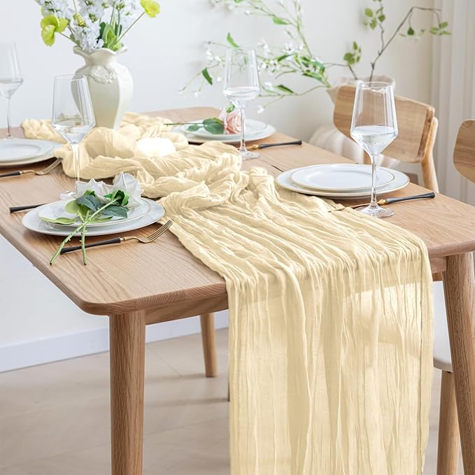 Asee'm Cheesecloth Table Runner 120 Inches Long Beige Boho Gauze Cheese Cloth Runner 10FT Rustic Sheer Fall Table Runners for Thanksgiving Christmas Wedding Party Baby Shower Decoration