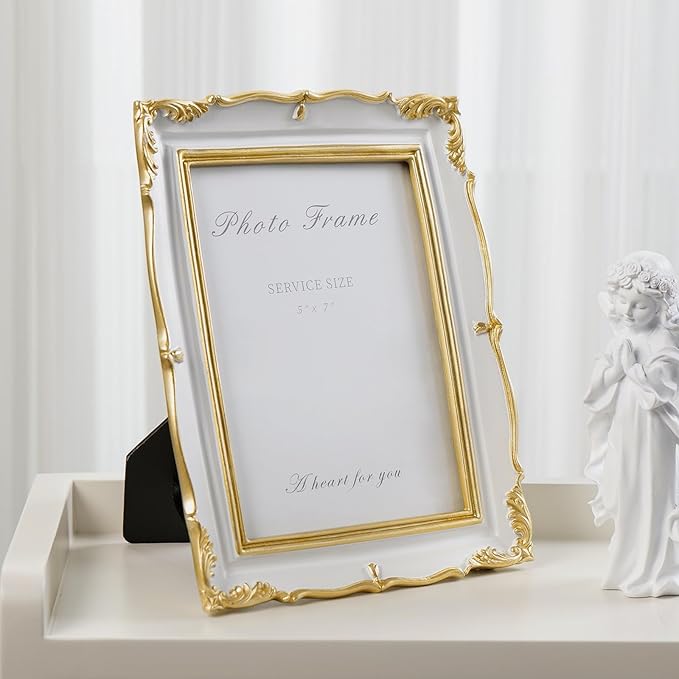 Cuspin Vintage Picture Frame 5x7 Gold Frames, Ornate White and Gold Textured Hand-Crafted Resin Frame with Glass Front, 5 by 7 Antique Photo Frames for Tabletop Display