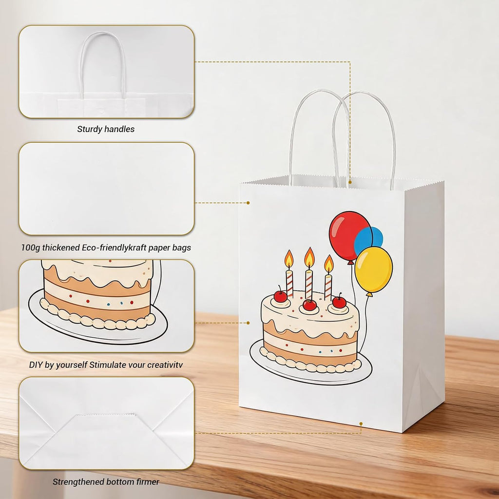 bagmad 100Pcs Pack 8x4.75x10 inch Medium White Kraft Paper Bags with Handles Bulk, Gift Bags, Craft Grocery Shopping Retail Birthday Party Favors Wedding Sacks Restaurant Takeout, Business (100)