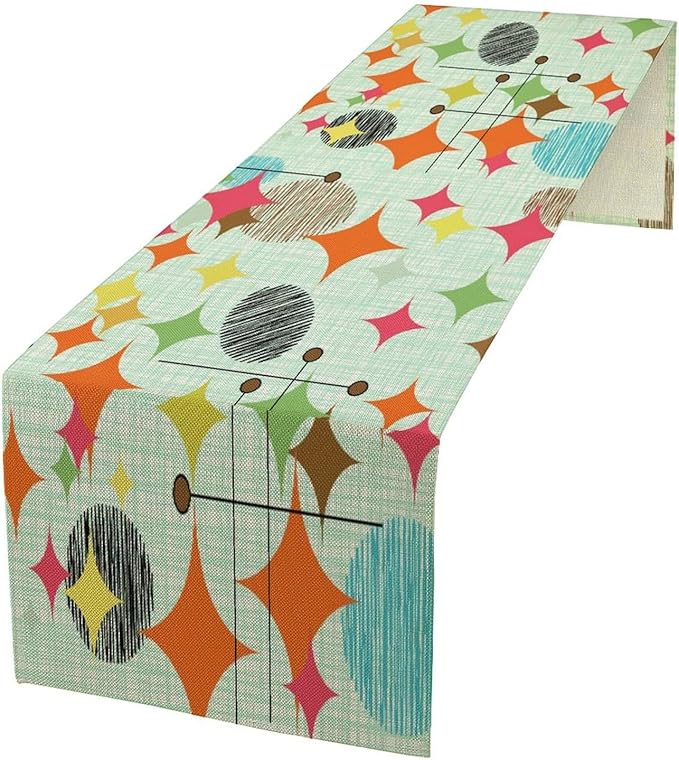 Mid Century Table Runner,Abstract Retro Modern Geometric Colorful Stripe Pattern Print Tablecloth Burlap for Hotel Indoors Outdoor Dining Room Kitchen Holiday Party, 13x90in
