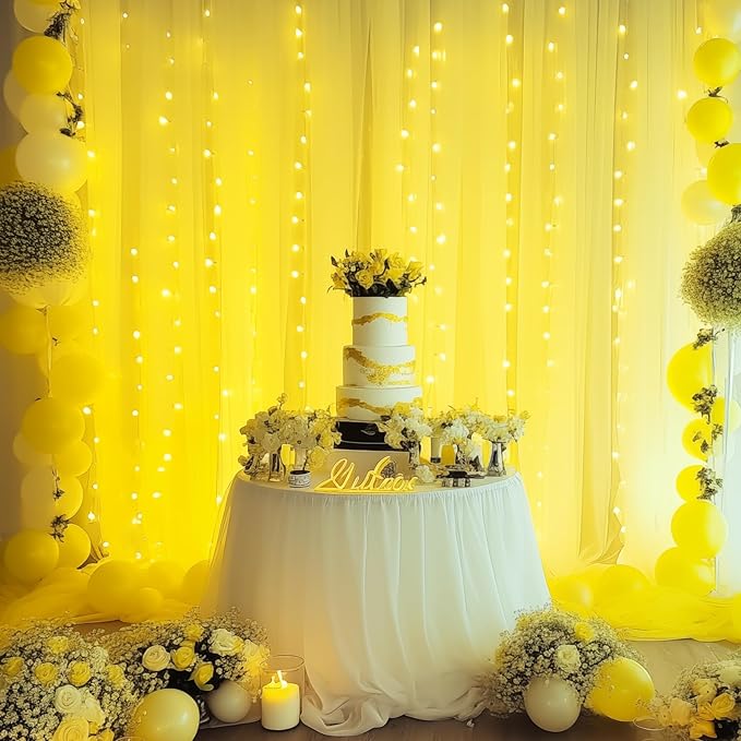 10×10ft Yellow Tulle Backdrop Curtain with Lights String for Parties, Sheer Curtain Backdrop Drapes for Wedding Party Photography Background