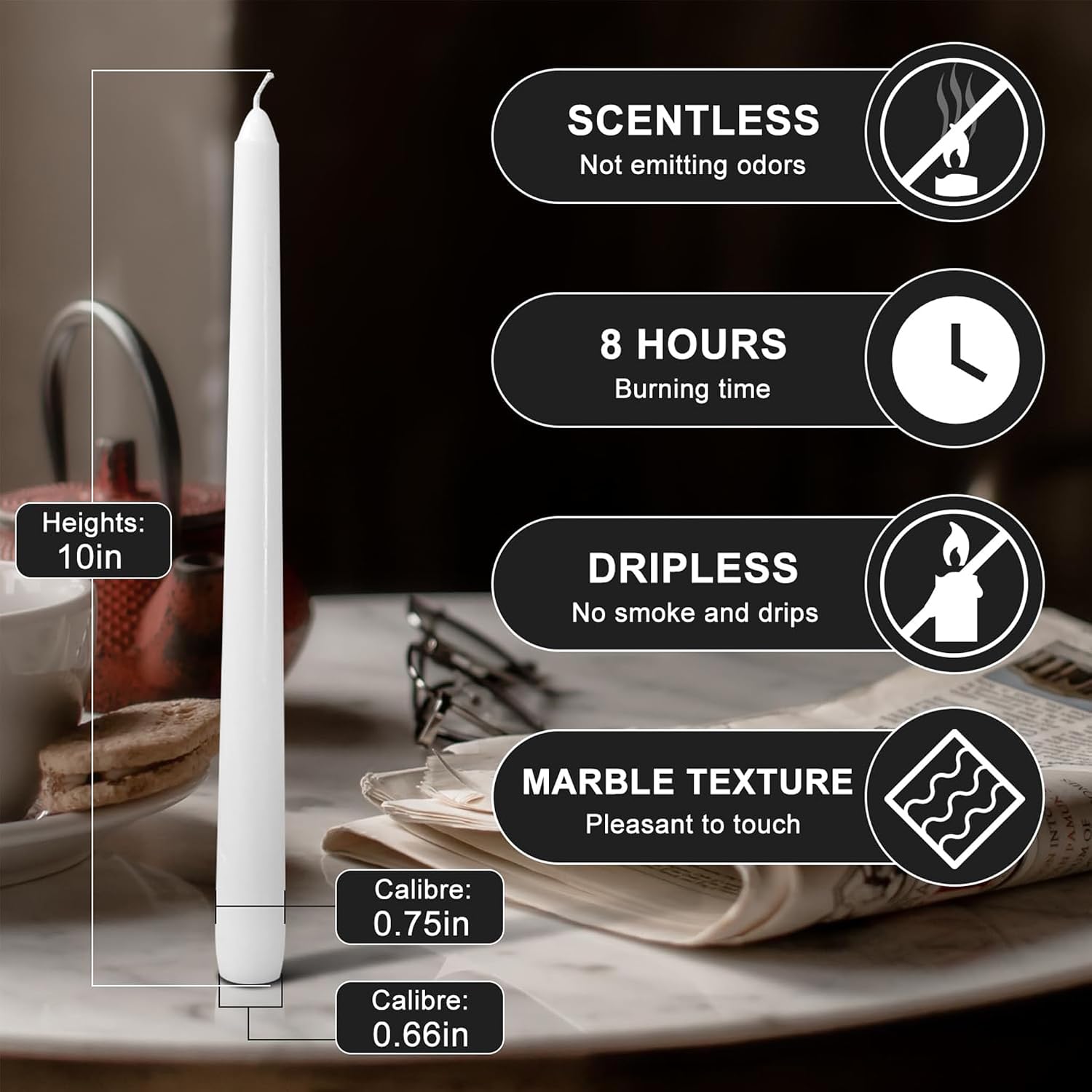 4 Pack White Taper Candles丨Taper Candles 10 Inch Dripless丨Unscented & Smokeless Candlesticks Bulk丨7-8 Hours Long Burning Tall Candles丨Ideal for Christmas Weddings Parties Dinner