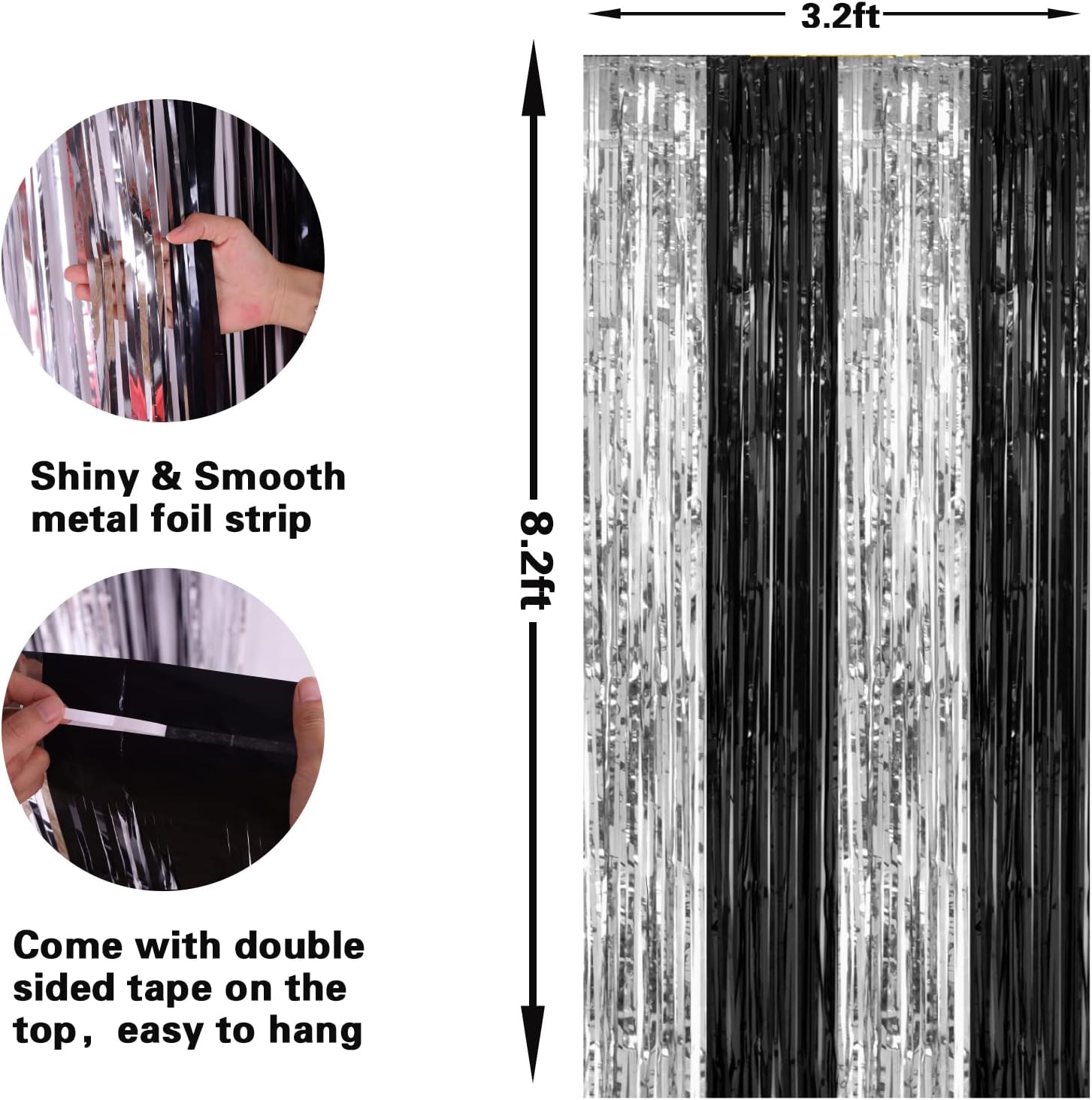 PIGETALE, 2 Pack 3.2 x 8.2 ft Black and Silver Foil Fringe Curtains Party Decorations, Sparkle Tinsel Curtain Photo Backdrop for Birthday Wedding Graduation Stream
