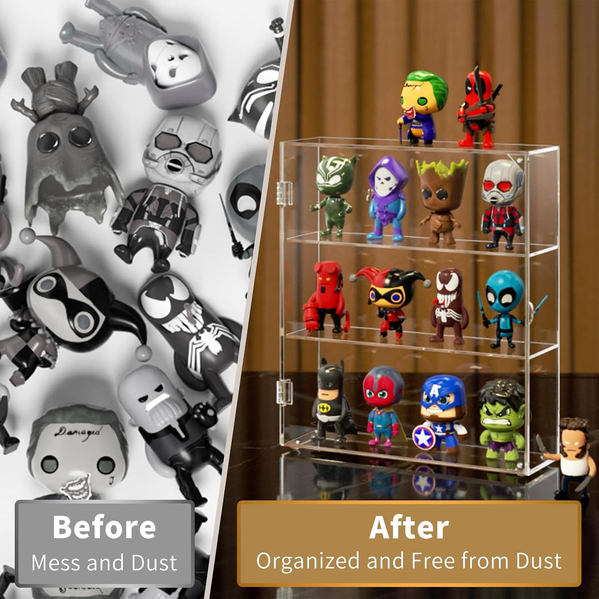 niubee acrylic display case for figures, dustproof clear, front angle view