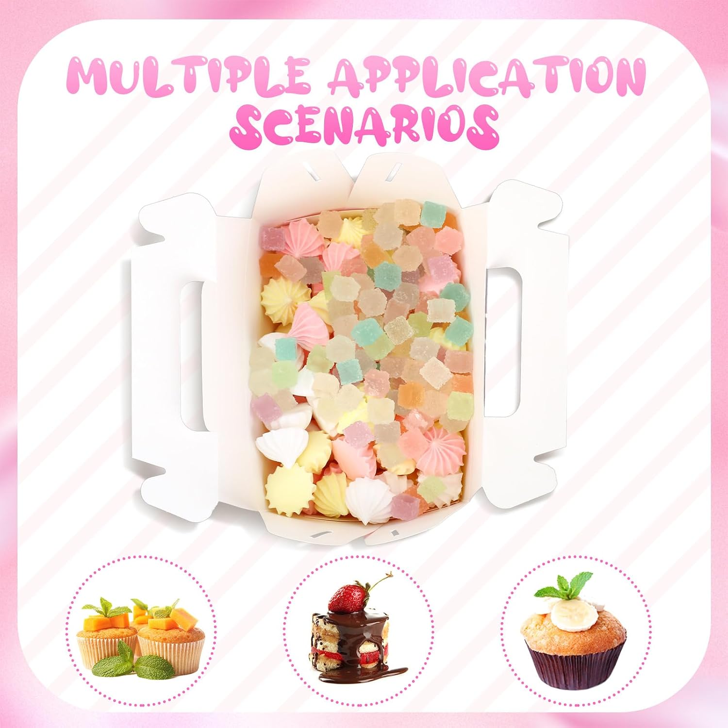 TecUnite 50 Pcs Pink Striped Party Favors Boxes Large Treat Candy Gift Boxes with Handles 6.3 x 6.3 x 3.5 Inches for Birthday Halloween Christmas Party Supplies