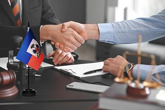 Haiti Haitian Deluxe Desk Flag Set Small Mini Miniature Haiti Haitian Table Desktop Flags With Solid Pole, Black Base and Spear Top(2 Pack)