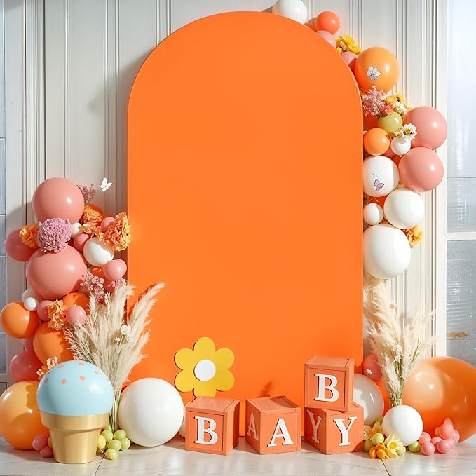 7.2FT Orange Arch Backdrop Cover - Polyester Fitted Wedding Arch Stand Covers Round Top Chiara Arch Backdrop Cover for Birthday Party Banquet Photo Background Decoration