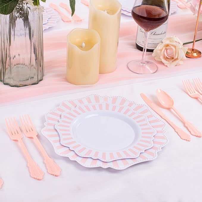 COLOSUS 150pcs Disposable Pink and White Stripped Plastic Plates and Silverware set, Light Pink Dinner/Dessert Plates silverware serve 30guests for Easter day, Wedding Party and Daily use.