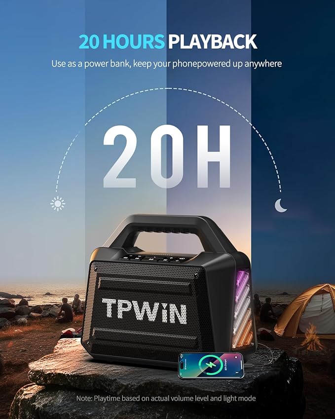 Bluetooth Speaker - 80W Loud Rugged Outdoor Speakers, IPX6 Waterproof, 20H Playtime, Deep Bass, Lightshow, TWS, BT 5.3 Wireless, Portable for Travel Hiking Camping Beach Pool - Black