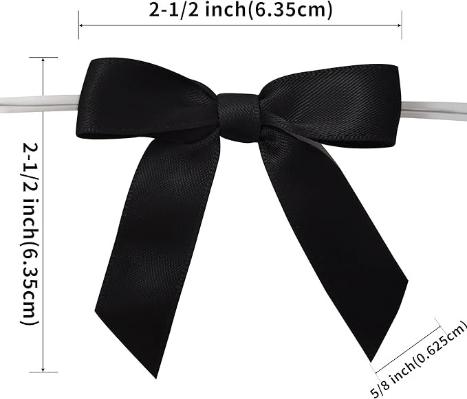50pcs 2-1/2" Black Satin Ribbon Bows with Twist Tie Bows for Christmas Gift Packing&Wrapping (Black)