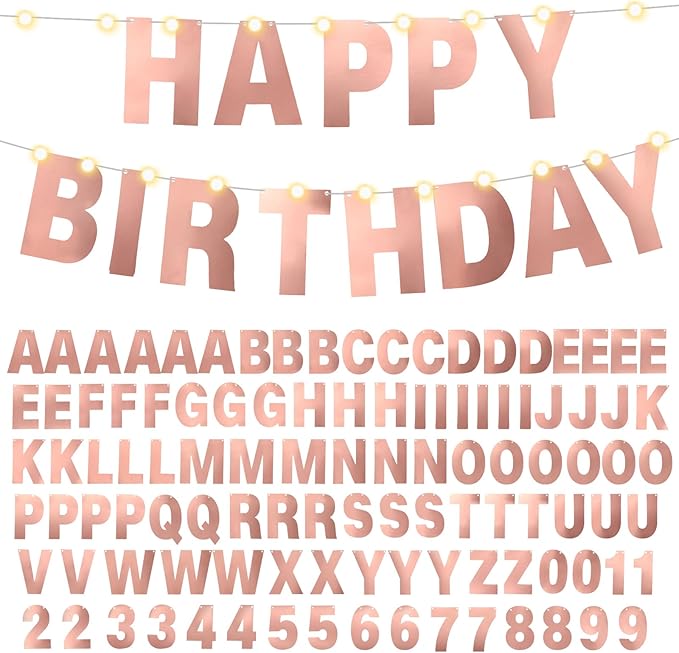TaoBary 112 Pcs DIY Letter Kit Glitter Customizable Banner Letters Include 107 Letters and Numbers 3 Rope and 2 Needles for Birthday Halloween Christmas Wedding Valentine Party Decor(Bright Rose Gold)
