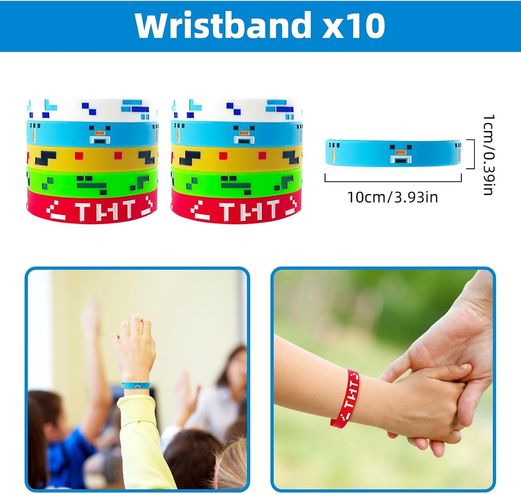 For Pixel Style Birthday Party Supplies, 90pcs Party Favors for , Includes 50 Stickers, 10 Gift Bags, 10 Wristbands, 10 Keychains, 10 Badges.