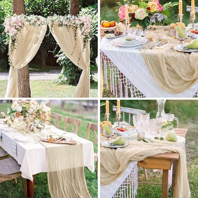 Beige Cheesecloth Table Runner -21*120Inch Long Boho Wedding Table Decor, Rustic Gauze Fabric Runner for Bridal Showers, Baby Showers & Parties (Sheer, Lightweight, Wrinkled Design)