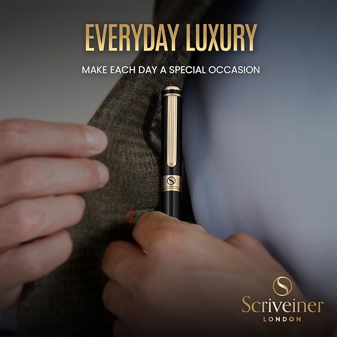 Scriveiner Luxury Fountain Pen - Stunning Luxury Pen, Real Gold Finish, Schmidt Gilded Nib (Medium), Converter, Best Pen Gift Set for Men & Women, Professional, Executive, Office, Nice Pens