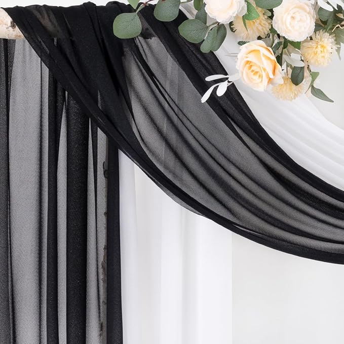 Socomi Wedding Arch Draping Fabric 29" x 20Ft 2 Panels Black and White Sheer Outdoor Curtain Drapes Extra Long for Bridal Baby Shower Birthday Party Decor