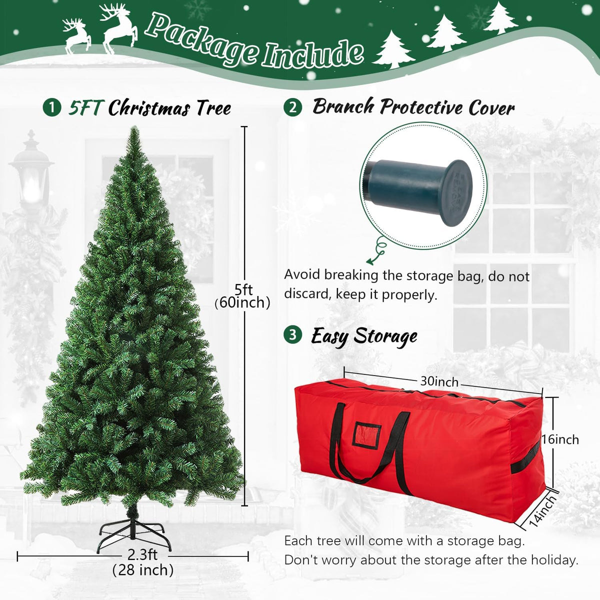 5ft green artificial christmas tree,arbol de navidad small showing dimensions