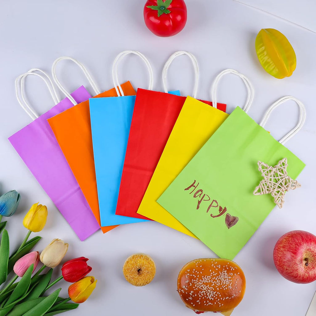 XPCARE 32Pcs Paper Gift Bags, 5.25x3.25x8.25'' Kraft Paper Party Favor Bags Bulk Rainbow Goodie Bags Small Gift Bags with Handles for Kids Birthday Baby Shower Crafts Wedding Party Supplies (6 Colors)