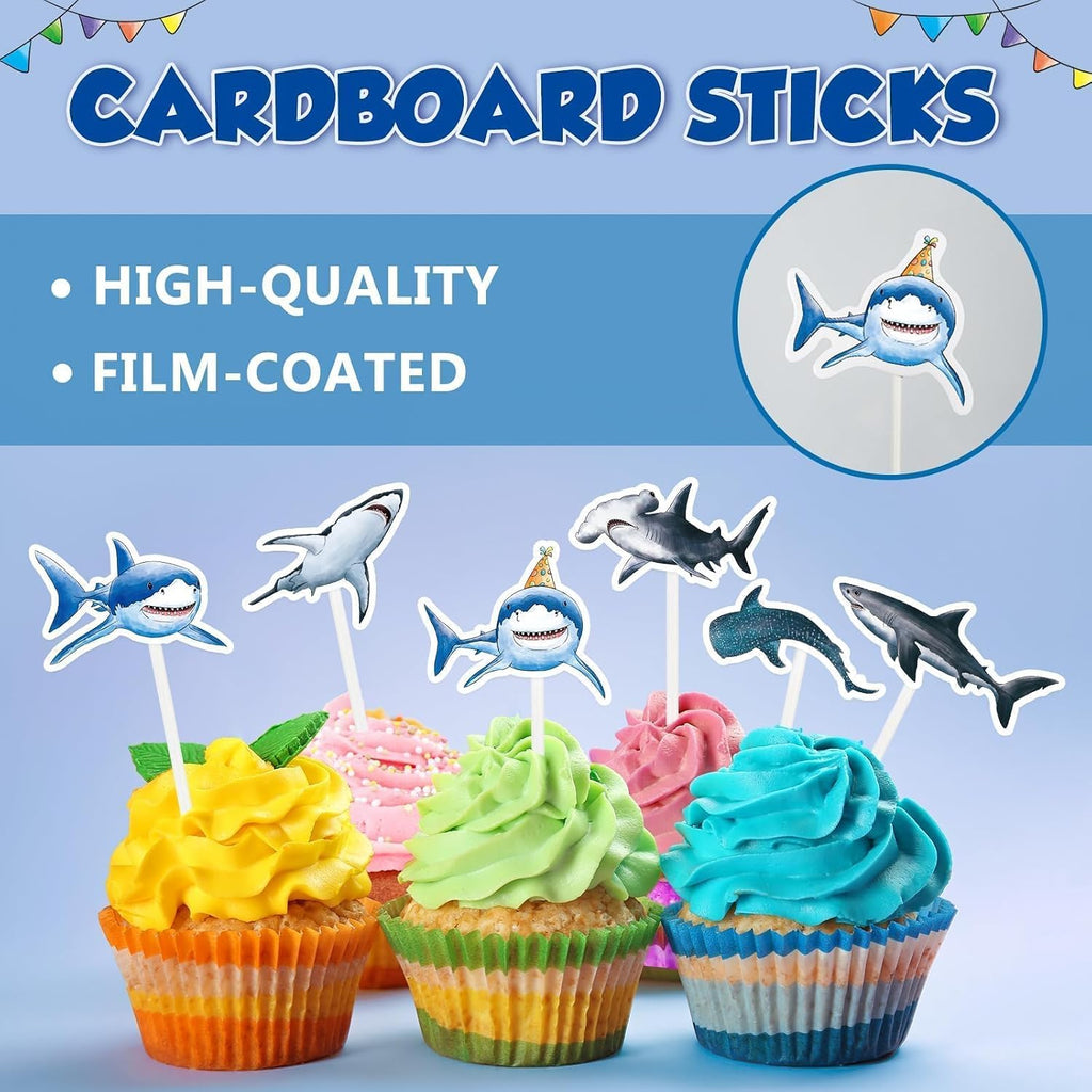 WERNNSAI 36 PCS Shark Cupcake Toppers - Shark Cake Toppers Ocean Birthday Party Decorations Summer Cake Toppers Under The Sea Cake Decors for Kids Ocean Baby Shower Party Supplies