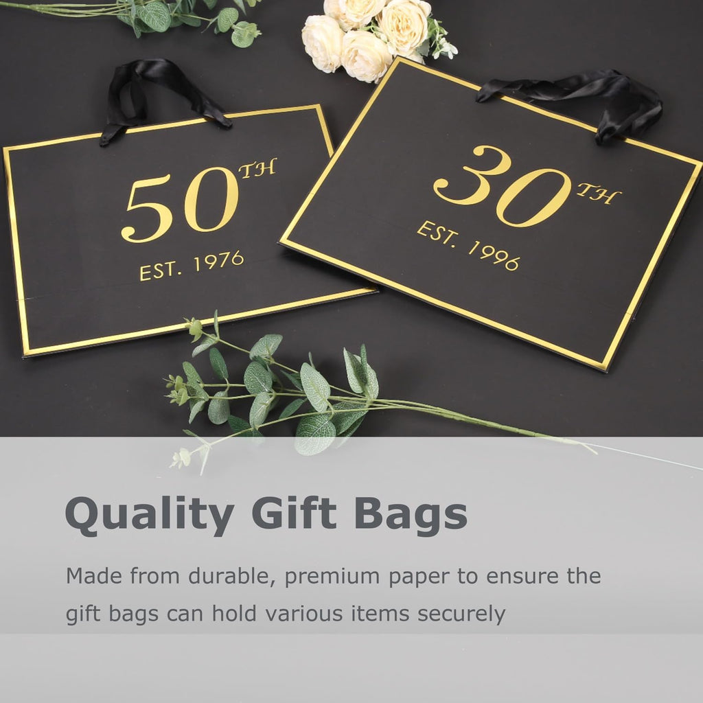 40th Birthday Gift Bag with Card and Tissue Paper for Men Women Him, 1986 40 Year Old 13" Elegant Black Gold Anniversary Keepsake Party Present Shopping Paper Bags for Gifts Wrapping (1986 40th)