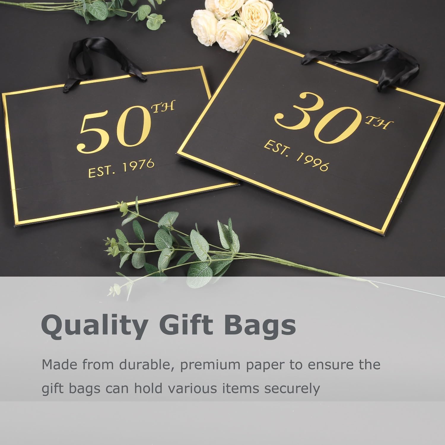 40th Birthday Gift Bag with Card and Tissue Paper for Men Women Him, 1986 40 Year Old 13" Elegant Black Gold Anniversary Keepsake Party Present Shopping Paper Bags for Gifts Wrapping (1986 40th)