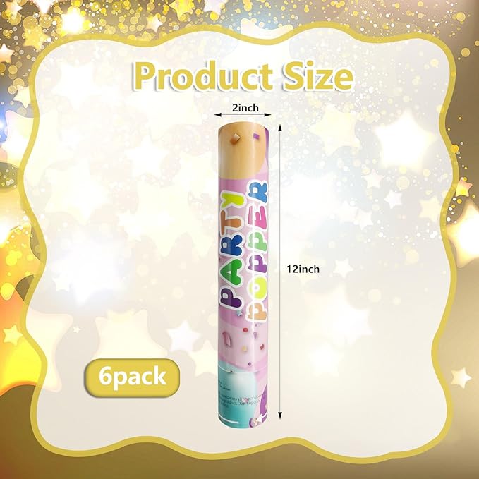 6 Pack Gold Silver Star Confetti Poppers, 12 Inch Confetti Cannon Party Poppers Shooters for Birthday, Wedding, Graduation, Anniversary, Parties, Christmas, New Year's Eve