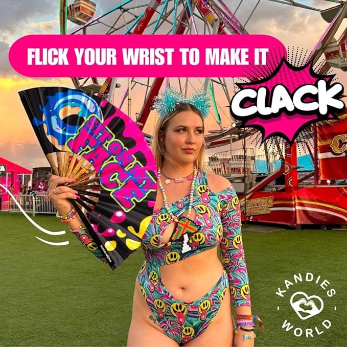 Kandies World Custom Festival Folding Hand Fan - Unique Designs, Made of Bamboo, Clacking Sound, Lightweight - Perfect Rave and Festival Accessory!