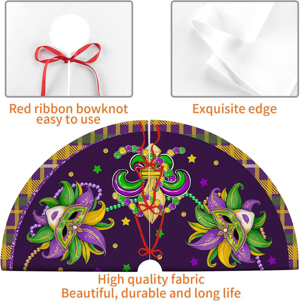 Mardi Gras Tree Skirt 36in - Mardi Gras Christmas Tree Decor Ornament for Mask Beads Feather Purple Carnival Christmas Trees Mat Decorations for Home Holiday Party