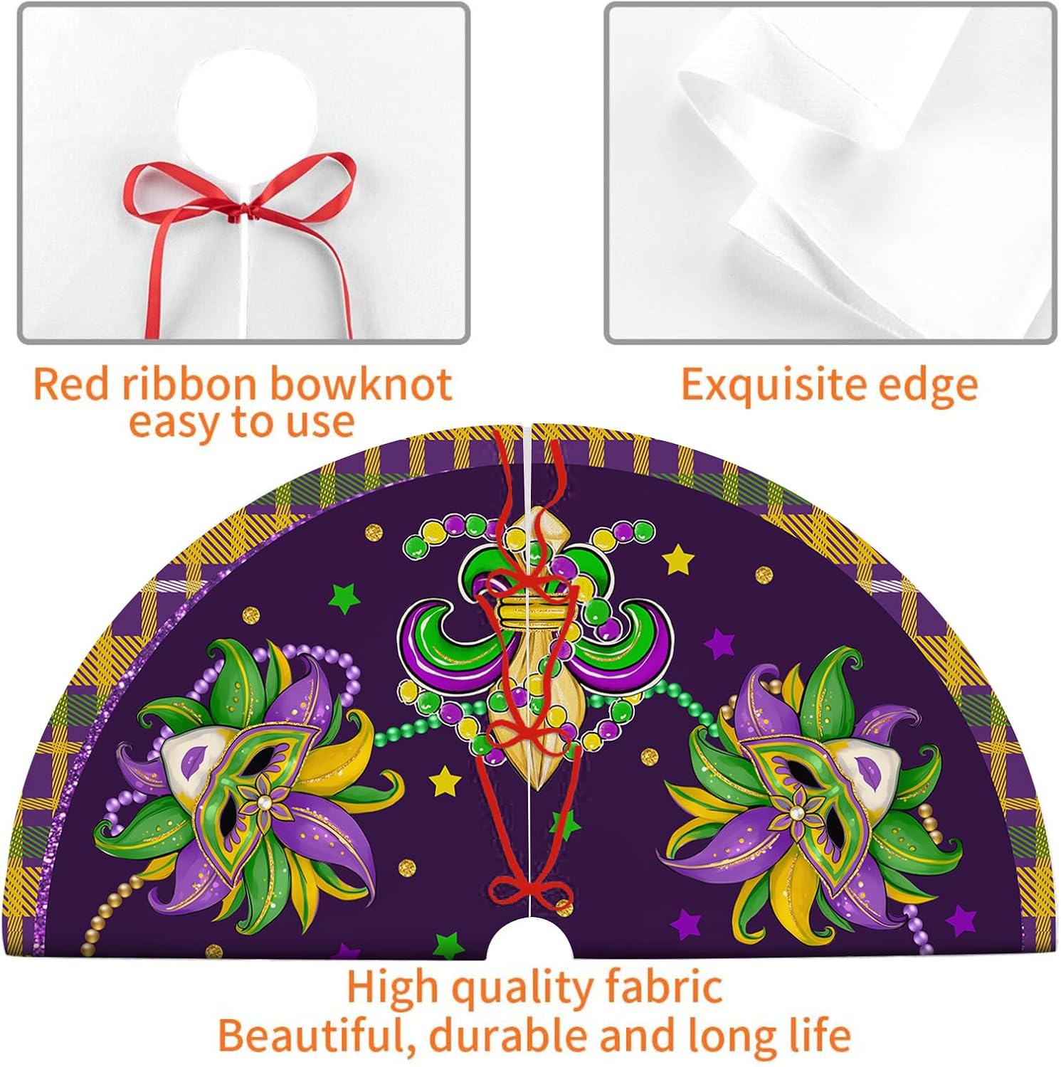 Mardi Gras Tree Skirt 36in - Mardi Gras Christmas Tree Decor Ornament for Mask Beads Feather Purple Carnival Christmas Trees Mat Decorations for Home Holiday Party