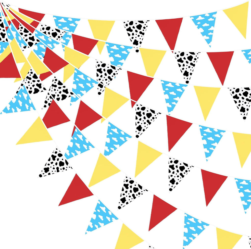 32Ft Cartoon Story Party Decorations Red Blue Yellow Toy Themed Story Fabric Banner Cloud and Cow Print Triangle Pennant Flag Garland Streamers for Birthday Outdoor Garden Decor Supplies