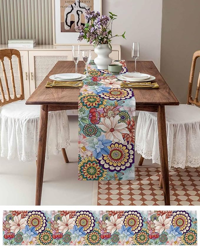 Boho Flowers Cotton Linen Table Runner for Dining Kitchen, Wedding Outdoor Party Tablerunners Decoration, Colorful Floral Farm Vintage Botanical Dresser Scarf Coffee Tablecloth Runners 13x36 Inches