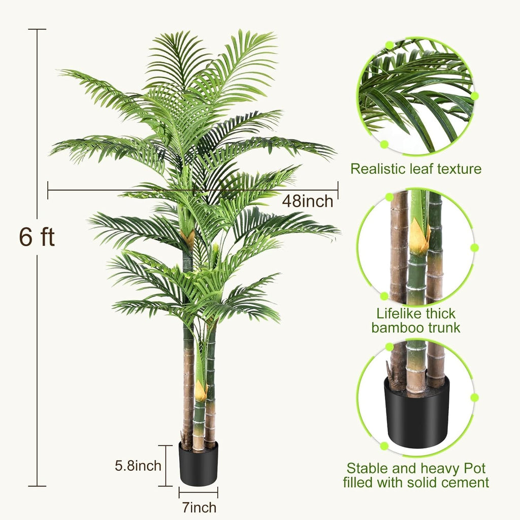 6ft tall triple golden cane palm artificial tree showing dimensions