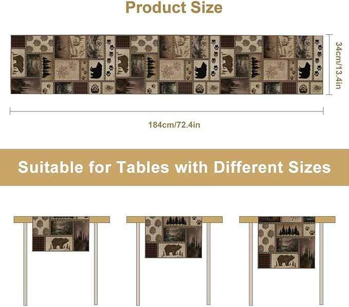 Retro Rusticd Cabin Table Runner Bear Country Farmhouse Vintage Lodge Table Runner for Party Dinner Festival Bedroom Living Room Kitchen 13x90 Inch