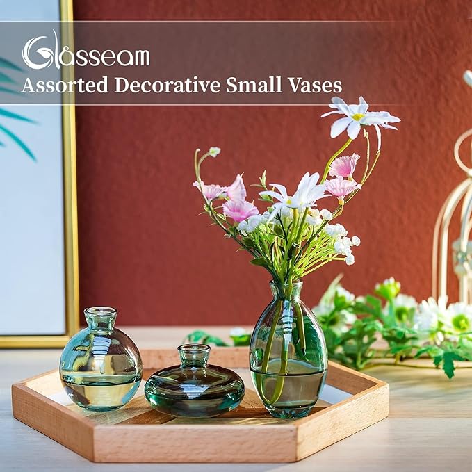 Small Glass Bud Vase for Centerpieces, 6Pcs/2Sets Green Modern Small Mini Flowers Vases Short Minimalist Aesthetic Vintage Cute Handmade Tiny Wedding Table Centerpiece for Single Flower Rose