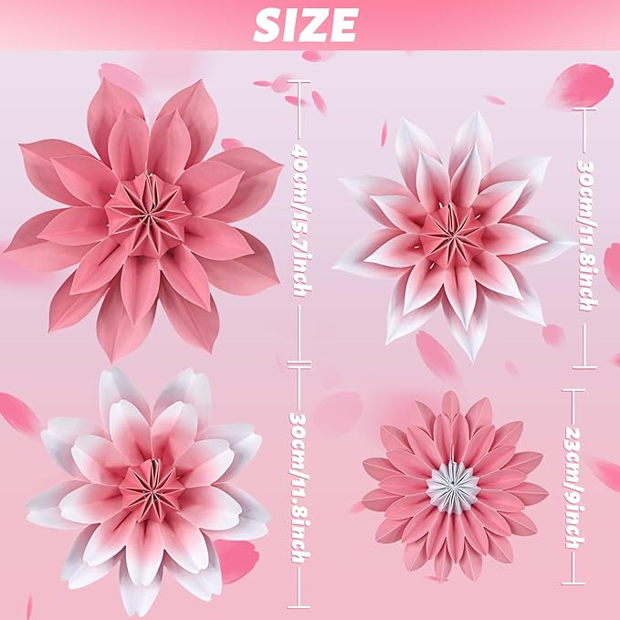 ADLKGG Paper Flower Fan Decorations, Pink Paper Fan Flower Wall Background for Classroom Decor, Tea Party, Spring Summer Party, Birthday, Baby Shower, Wedding, Nursery Decoration, Set of 4