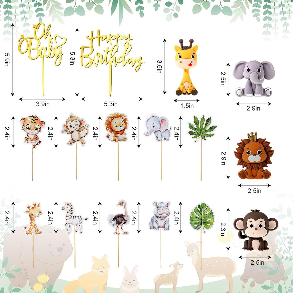 Tallew 42 Pcs Safari Jungle Animal Cake Toppers Wild One Lion Giraffe Elephant Monkey with Leaves Cake Decorations for Wild Zoo Birthday Baby Shower Party Supplies